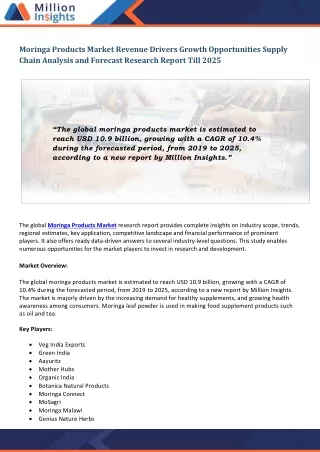 moringa products market revenue drivers growth