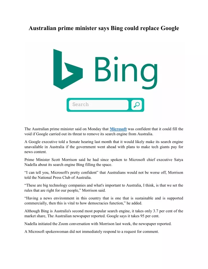 australian prime minister says bing could replace