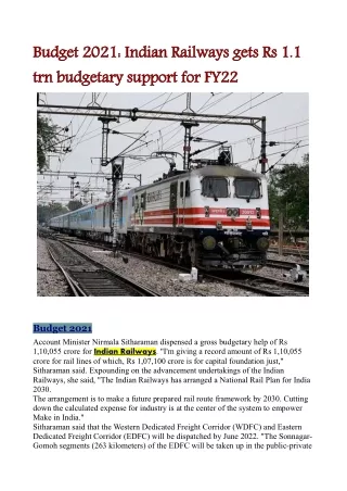 Budget 2021: Indian Railways gets Rs 1.1 trn budgetary support for FY22