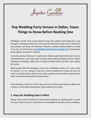 Pop Wedding Party Venues in Dallas, Texas: Things to Know Before Booking One