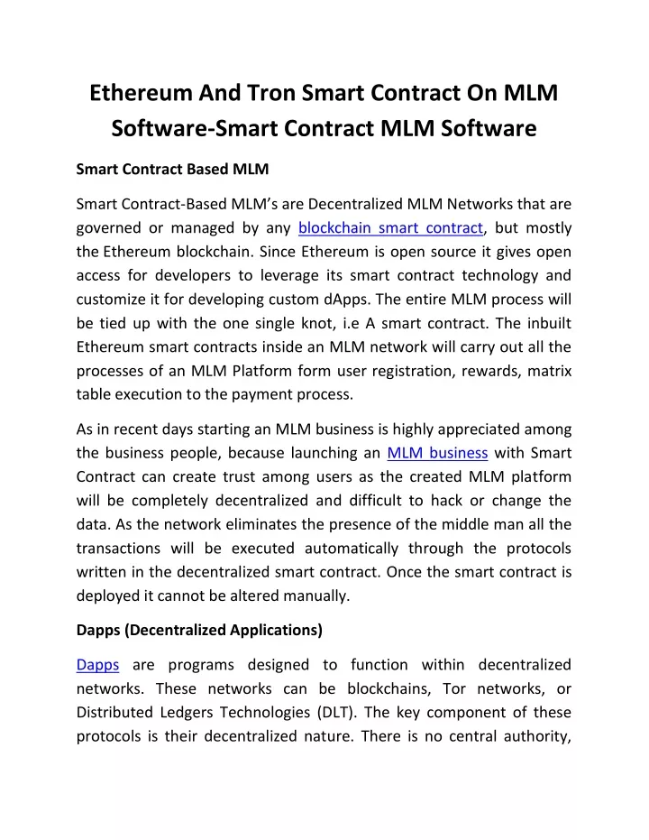 ethereum and tron smart contract on mlm software