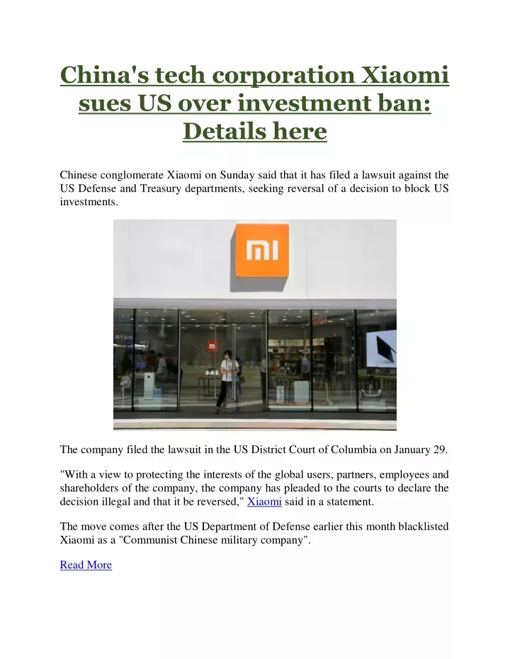china s tech corporation xiaomi sues us over