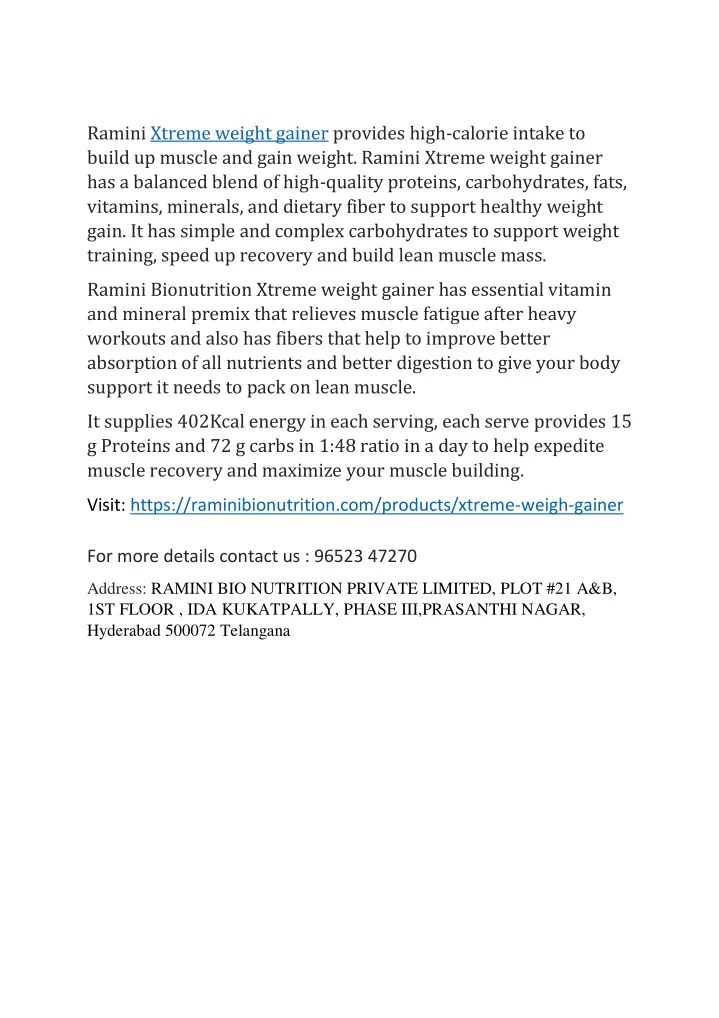 ramini xtreme weight gainer provides high calorie