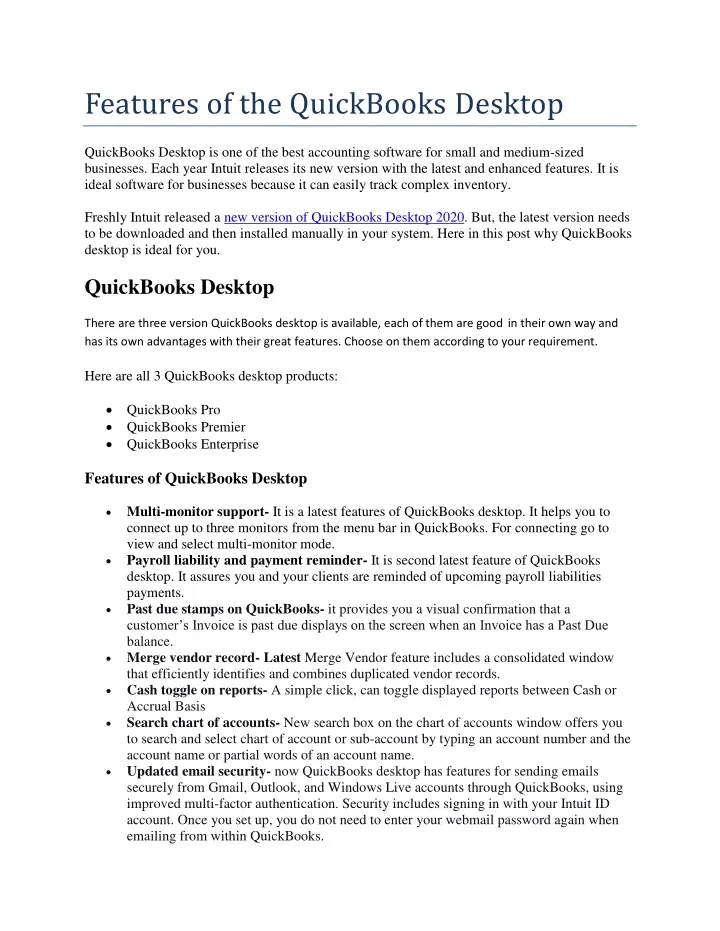 features of the quickbooks desktop