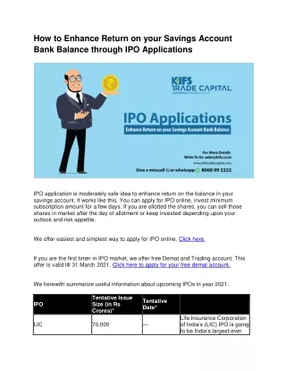 How to Enhance Return on your Savings Account Bank Balance through IPO Applications
