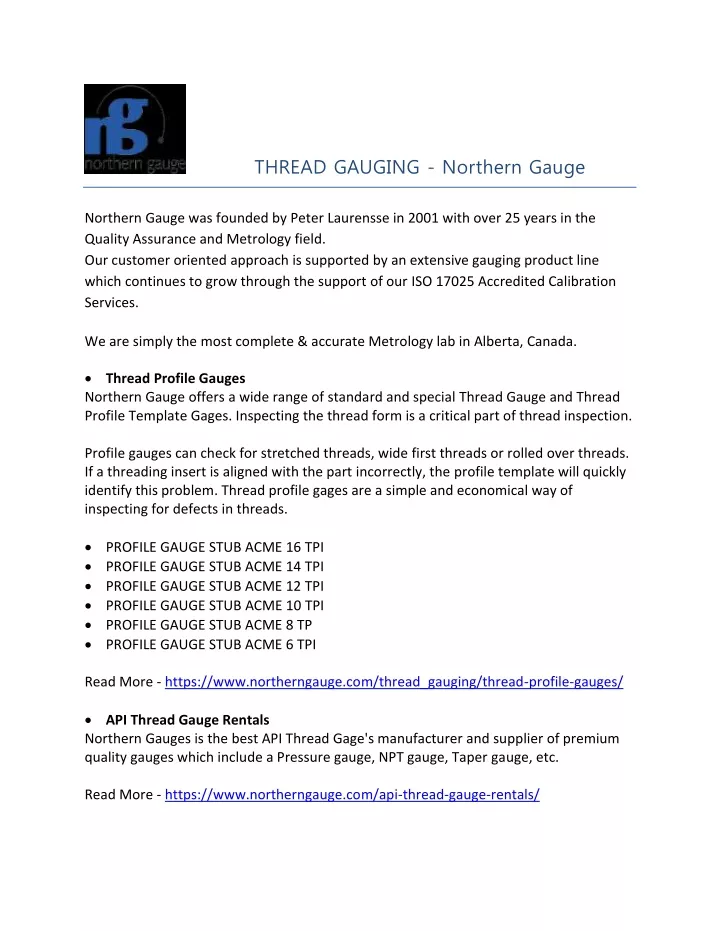 thread gauging northern gauge