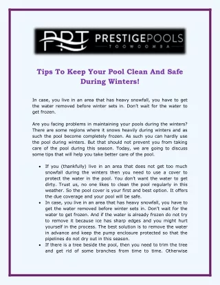 Tips To Keep Your Pool Clean And Safe During Winters!