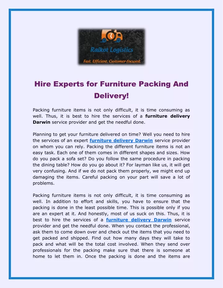 hire experts for furniture packing and delivery