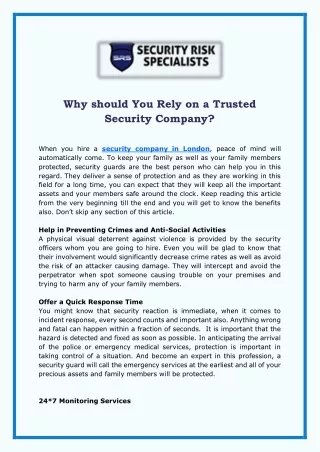 Why Should You Rely On A Trusted Security Company?