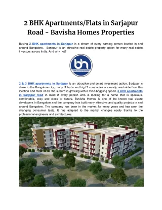 2 BHK Apartments/Flats in Sarjapur Road - Bavisha Homes Properties