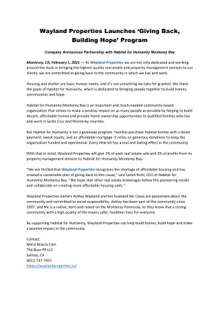 wayland properties launches giving back building