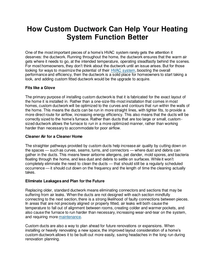 how custom ductwork can help your heating system