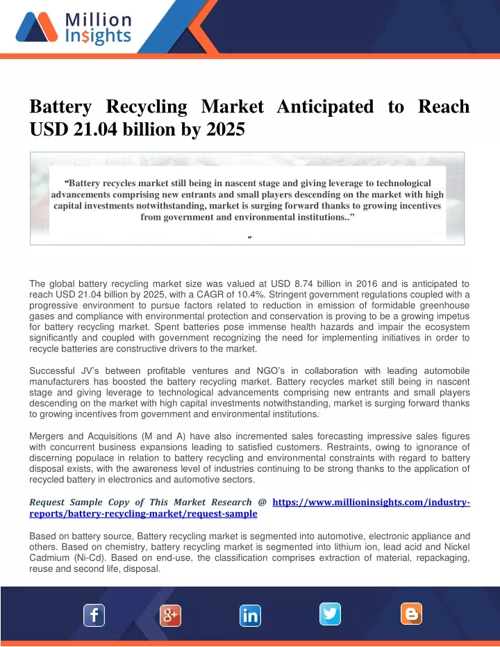 battery recycling market anticipated to reach