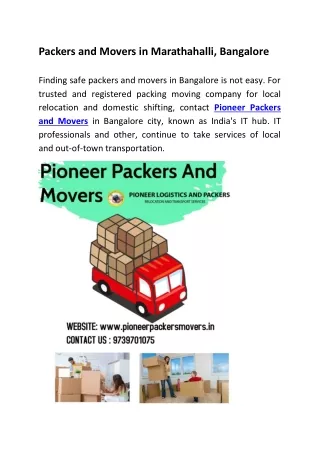 Packers and Movers in Marathahalli, Bangalore