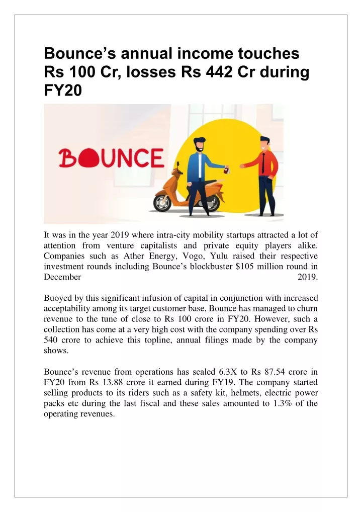 bounce s annual income touches rs 100 cr losses