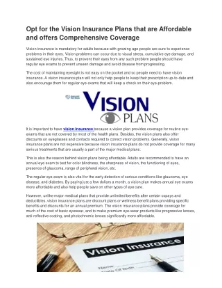Opt for the Vision Insurance Plans that are Affordable and offers Comprehensive Coverage