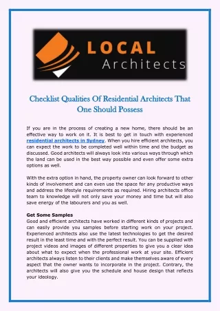 Checklist Qualities Of Residential Architects That One Should Possess