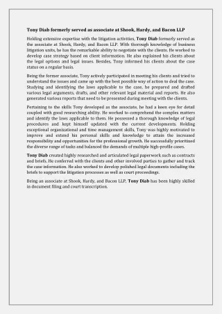 tony diab formerly served as associate at shook
