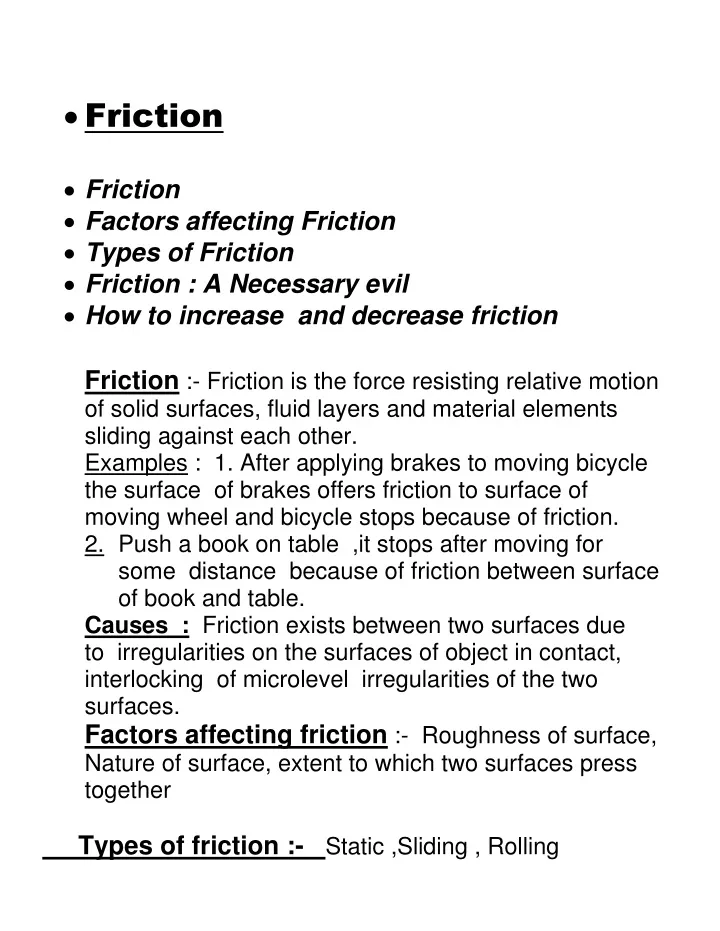 friction friction factors affecting friction