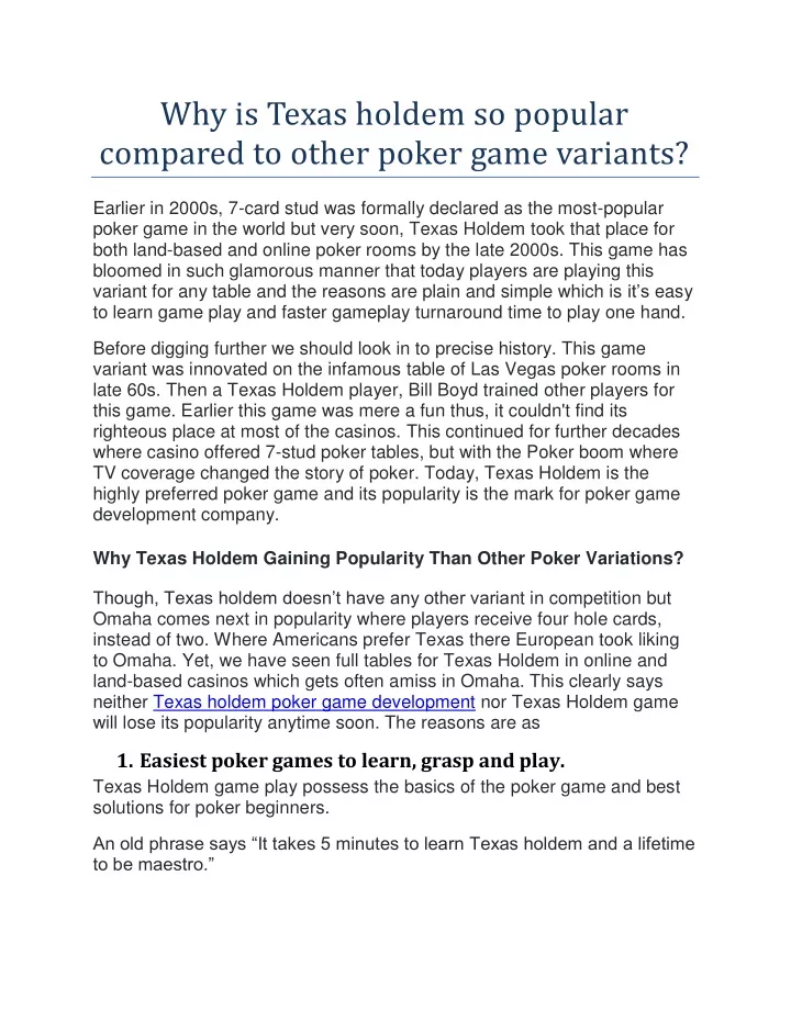 why is texas holdem so popular compared to other