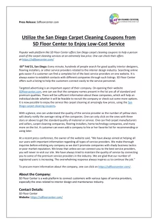 Utilize the San Diego Carpet Cleaning Coupons from SD Floor Center to Enjoy Low-Cost Service