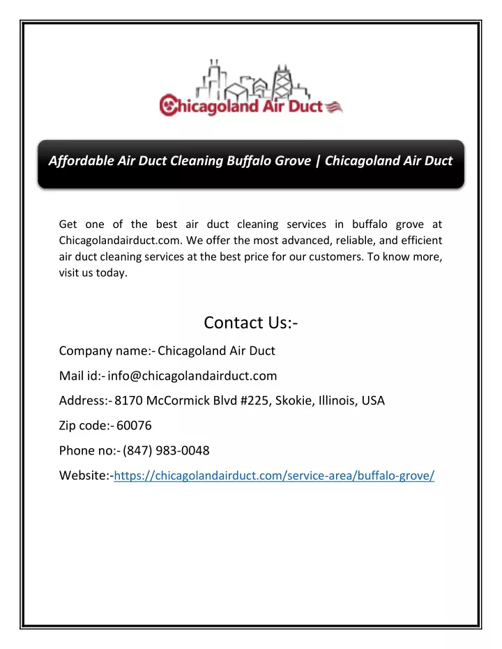 affordable air duct cleaning buffalo grove