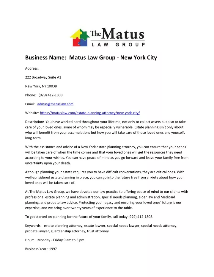 business name matus law group new york city