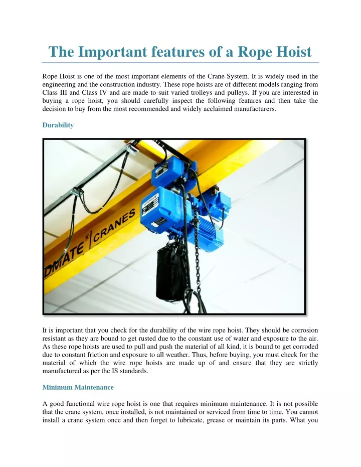 the important features of a rope hoist