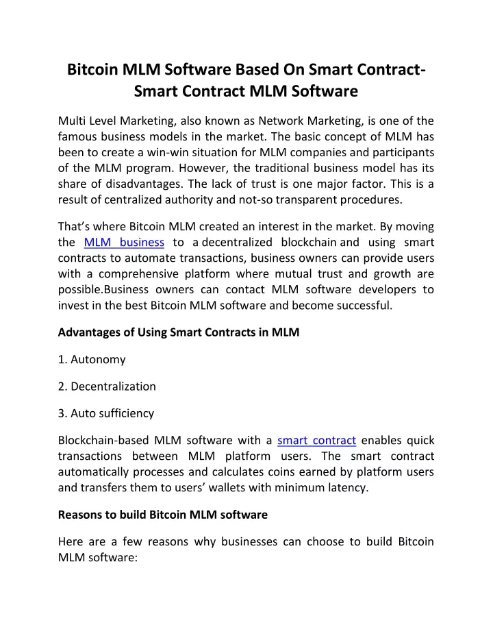 bitcoin mlm software based on smart contract