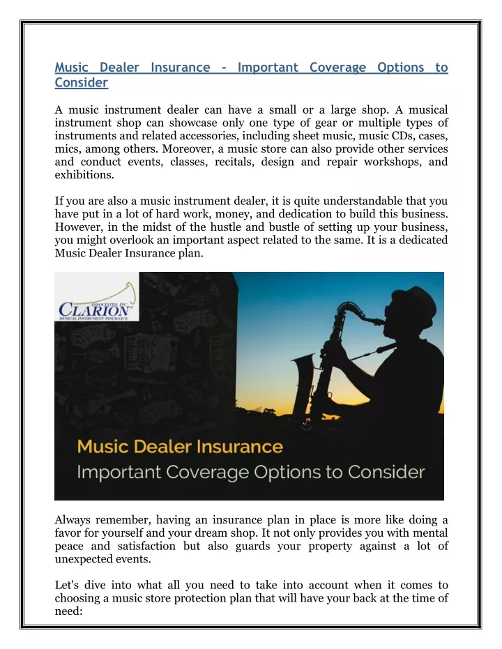 music dealer insurance important coverage options