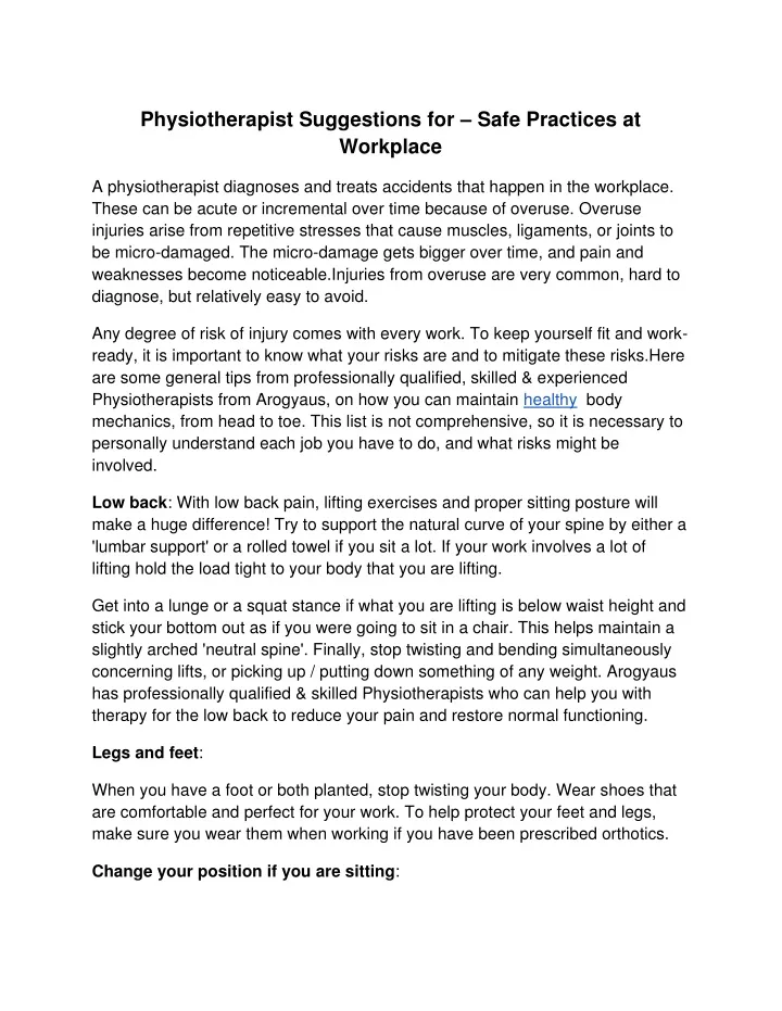 physiotherapist suggestions for safe practices