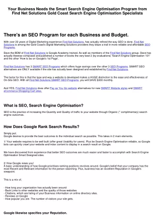 Here is Why You Need the Smart Search Engine Optimisation Program from Find Net Solutions the Gold Coast Search Engine O