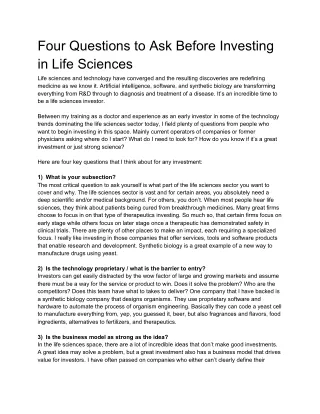 Four Questions to Ask Before Investing in Life Sciences
