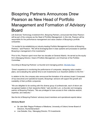 Biospring Partners Announces Drew Pearson as New Head of Portfolio Management and Formation of Advisory Board