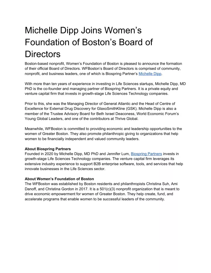 michelle dipp joins women s foundation of boston