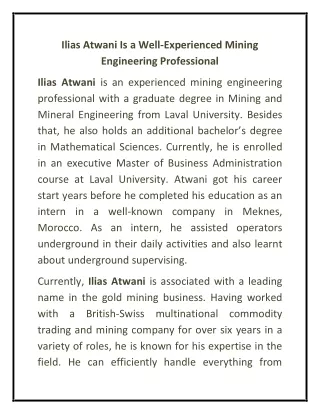 Ilias Atwani Is a Well-Experienced Mining Engineering Professional