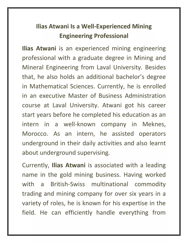 ilias atwani is a well experienced mining