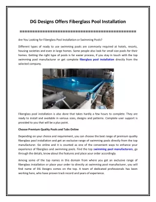 DG Designs Offers Fiberglass Pool Installation