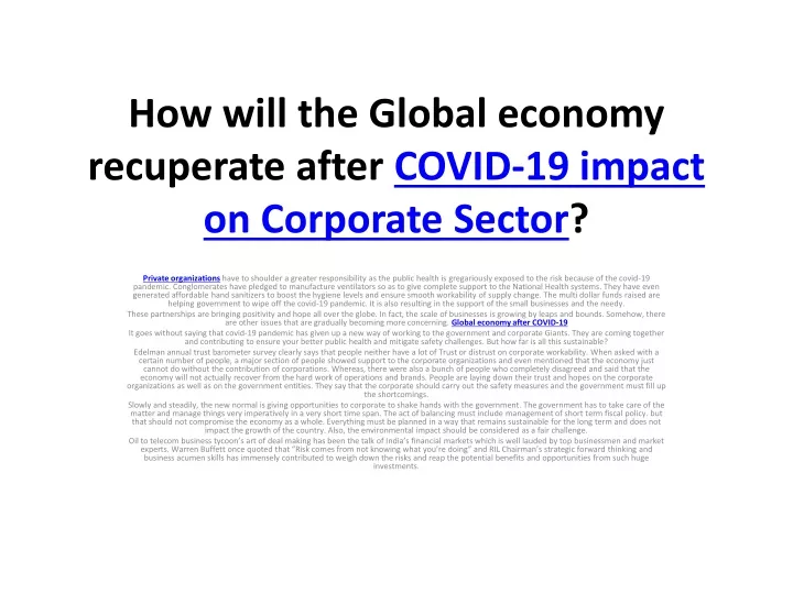 how will the global economy recuperate after covid 19 impact on corporate sector