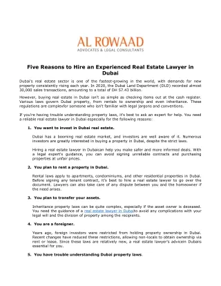 Five Reasons to Hire an Experienced Real Estate Lawyer in Dubai