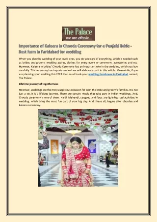 Importance of Kaleera in Chooda Ceremony for a Punjabi Bride - Best farm in Faridabad for wedding