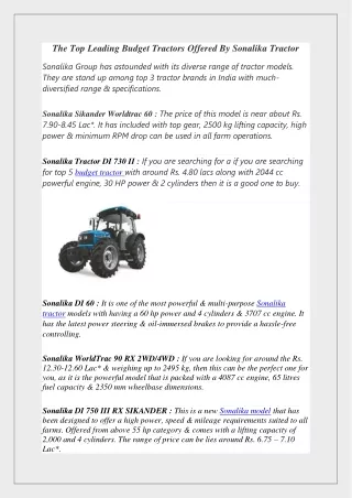 Top 5 Leading Budget Tractor by Sonalika Tractors
