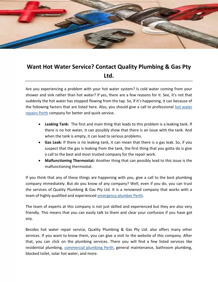 want hot water service contact quality plumbing