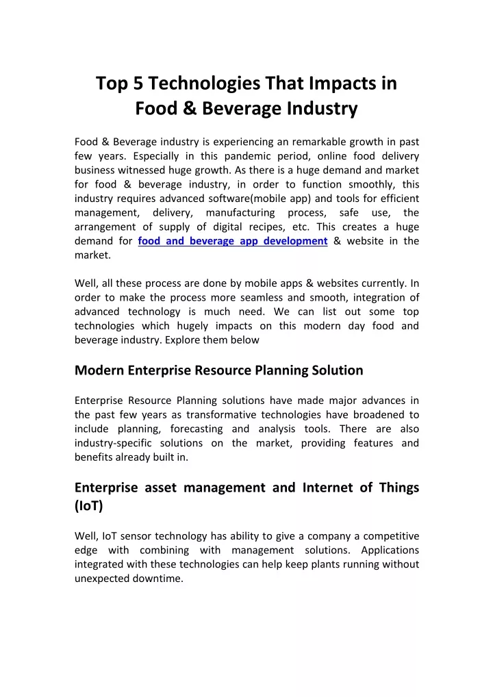 top 5 technologies that impacts in food beverage