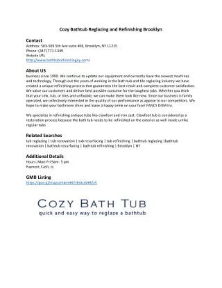Cozy Bathtub Reglazing and Refinishing Brooklyn