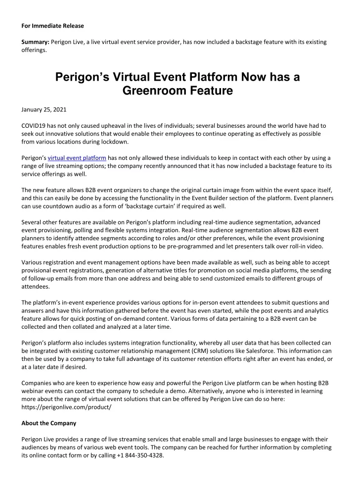 for immediate release summary perigon live a live