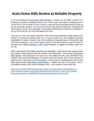 Arsis Green Hills Review as Reliable Property