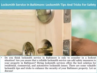 Locksmith Service In Baltimore- Locksmith Tips And Tricks For Safety