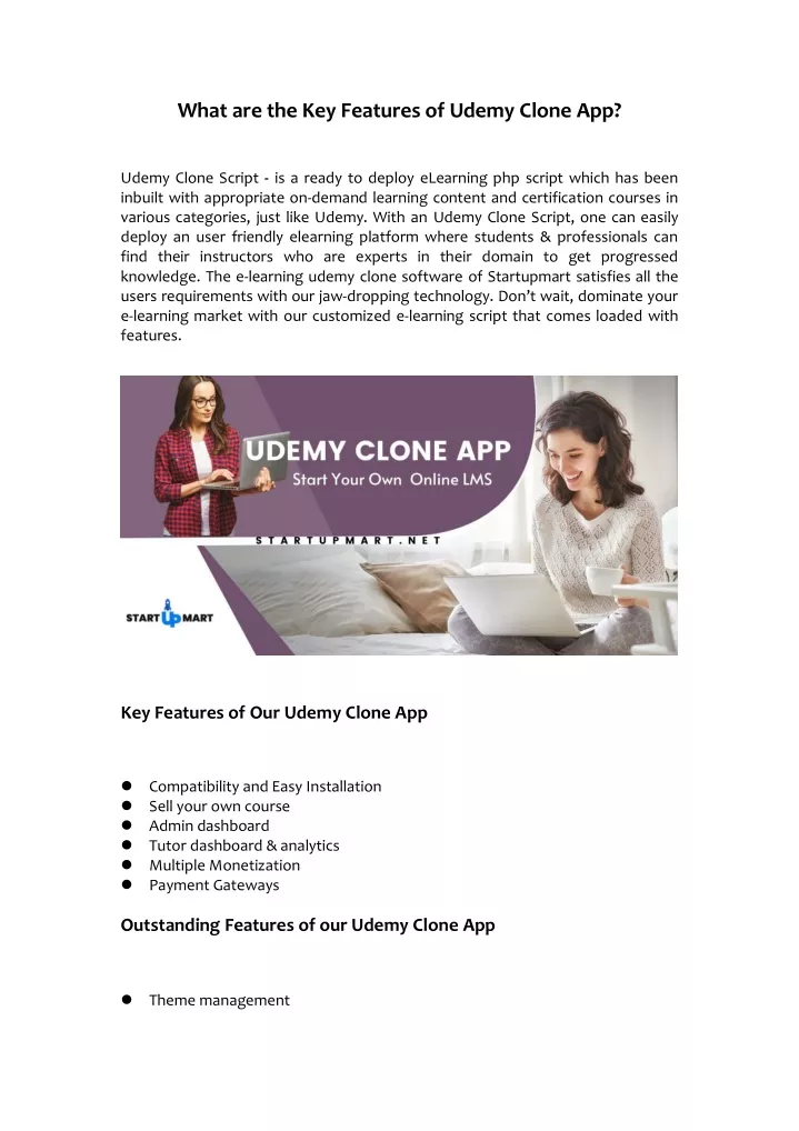 what are the key features of udemy clone app