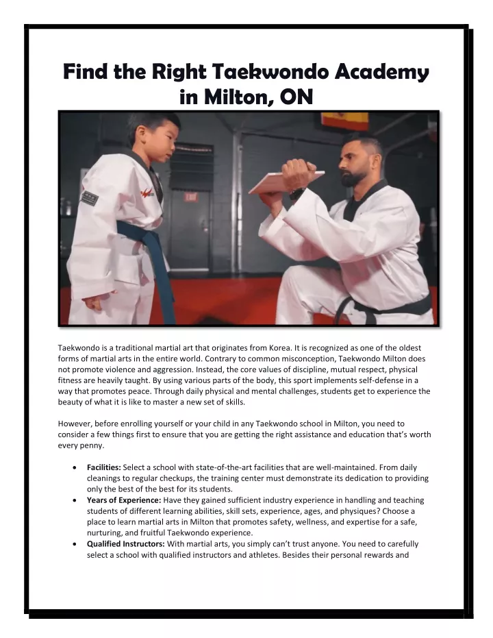 find the right taekwondo academy in milton on